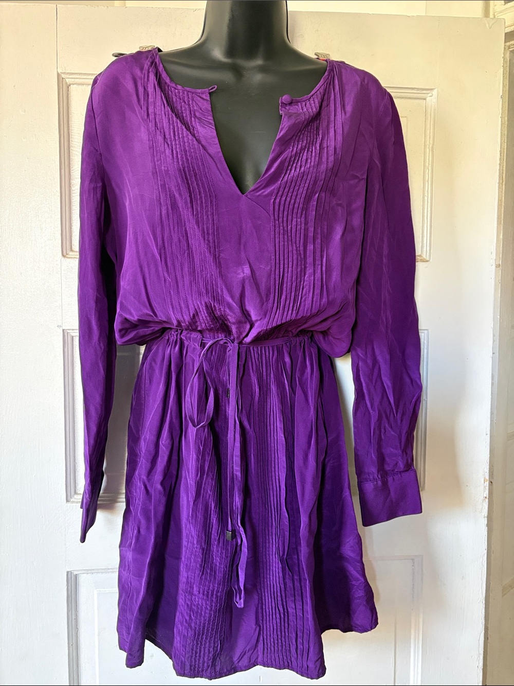 Suzi Chin for Maggy boutique Silk Purple Long-Sleeve Pleated Waist Tie Dress